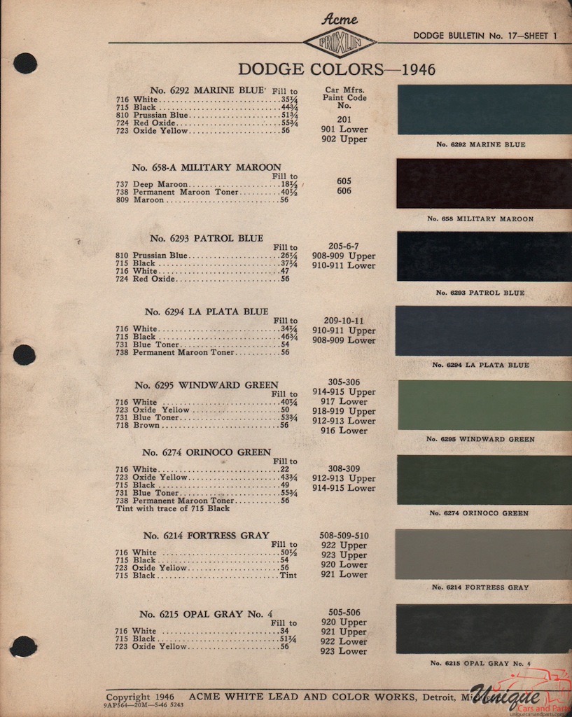 1946 Dodge Paint Charts Acme 1